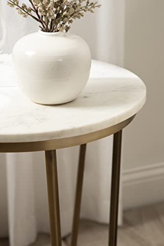 Solvay Round Metal and Marble Side Table; 16 x 16 x 24; White Marble and Antique Brass; Modern Glam Bedroom Nightstand Table with Premium Natural Marble Stone and Iron Base