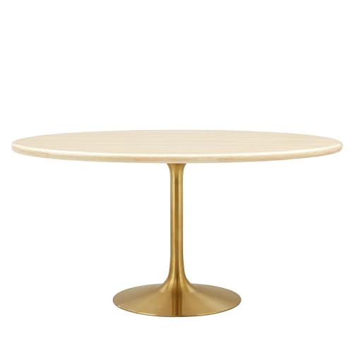 Lippa 60Inch Oval Dining Table Faux Travertine Stone Gold Finish Modern Kitchen Room Entertaining Home Furniture Quality Stylish Elegant Durable Refined Versatile