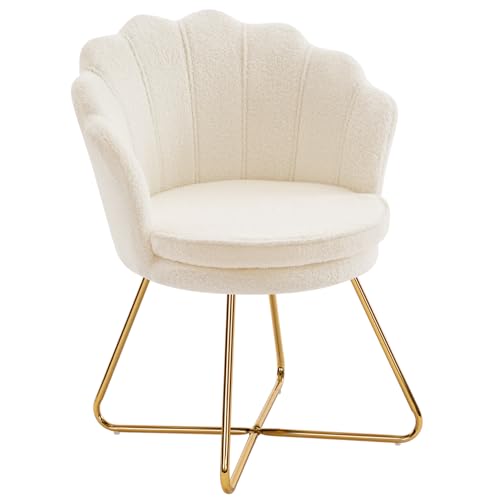 Vanity Chair with Back, Shell Accent Chair for Living Room, Criss Cross Chair with Gold Legs, Makeup Chair for Bedroom Desk Chair no Wheels, Faux Fur White
