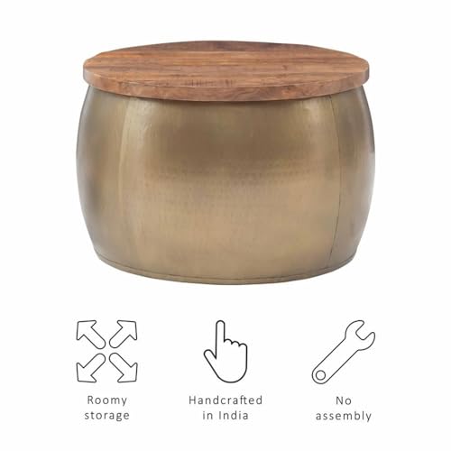 Large Drum Accent Table, 27.5 in, Mango Wood & Hammered Brass Finish, Hidden Storage, Modern Coffee Table or Ottoman, Handcrafted Decorative Furniture for Living Room or Bedroom