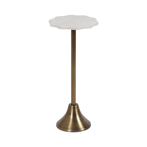Sanzo Modern Pedestal Drink Table; 10 x 10 x 23; Antique Brass and White; Decorative End Table with Scalloped Marble Tabletop for Use as Small Plant Stand or Cute Martini Table