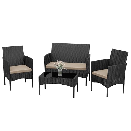 Patio Furniture Set 4 Pieces Outdoor Wicker Rattan Chairs Conversation Sets w/Coffee Table, Rocking Bistro Set, for Deck,Patio,Backyard,Lawn (Sand)