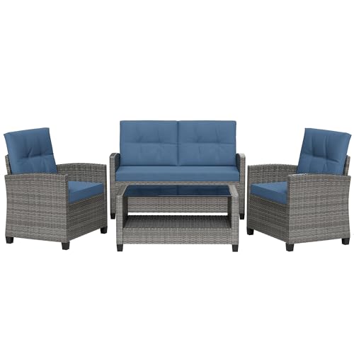 Gray and blue rattan patio sectional with coffee table and cushions, view 8