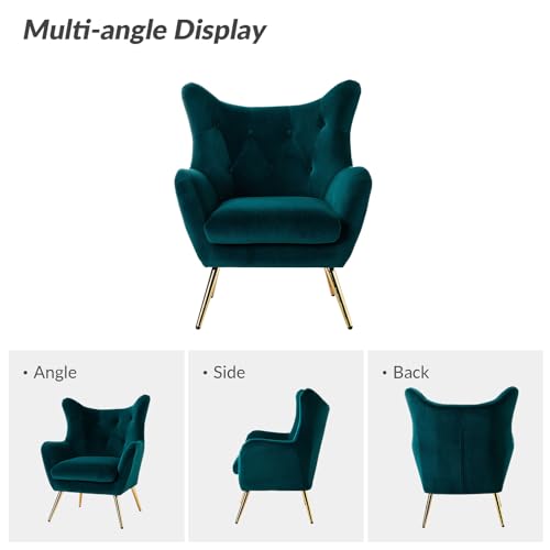 Velvet Tufted Accent Chair, Modern Wingback Arm Chair, Teal | Metal Gold Legs, Wood Frame, Velvet Tufted Upholstered Armchair for Living Room Bedroom, Dining Room