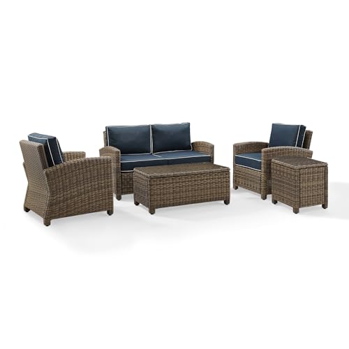 Crosley Furniture KO70050WB-NV Bradenton Outdoor Wicker 5-Piece Seating Set (Loveseat, 2 Arm Chairs, Side & Coffee Table), Weathered Brown with Navy Cushions