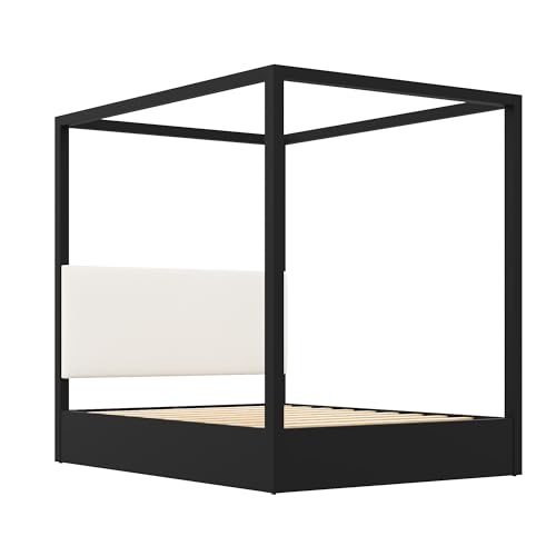 Queen Size Canopy Platform Bed with Upholstered Headboard, Black, view 9