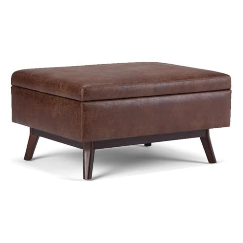 Faux Leather Storage Coffee Table Ottoman, Saddle Brown Finish, 18.5" H x 34.06" W x 25.98" D, Lift-Up Lid, Solid Wood Base, Mid-Century Style, Living Room Furniture