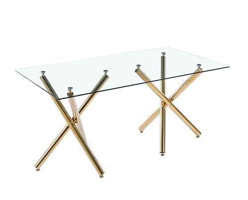 Rectangular Tempered Glass Dining Table with Double Stainless Steel Base, Dining Room Interior Design, for 6 People