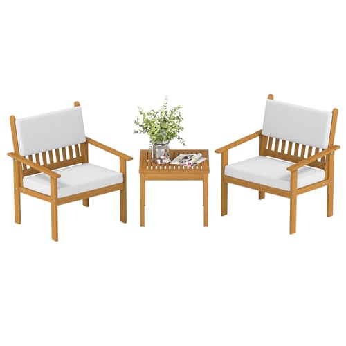 3-piece Patio Furniture Set Acacia Wood Patio Bistro Set Outdoor Chat Conversation Table Chair Set Wood Chat Set with Water Resistant Cushions and Coffee Table Chairs for Beach Backyard Garden