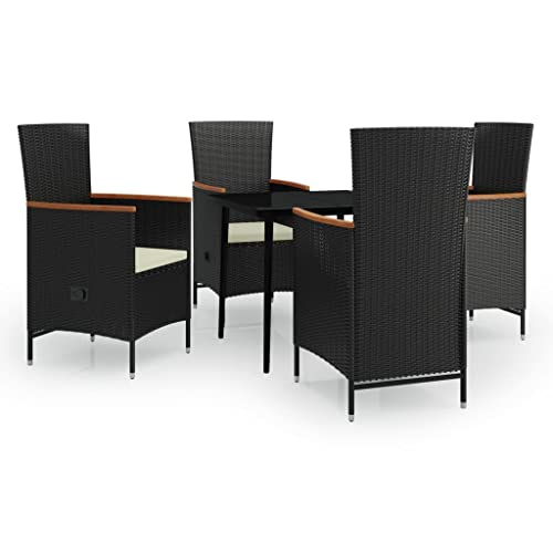 5-Piece Garden Dining Set with Cushions, Black and Cream White Outdoor PE Rattan Furniture with Adjustable Backrest Patio Chairs for Balcony and Terrace