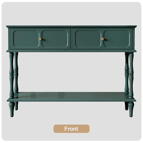 Mid-Century Console Table for Entryway with 2 Drawers, Green Entryway Table with Storage Cabinets and Open Shelf, Narrow Long Couch Table Behind Sofa for Living Room, Foyer, Hallway
