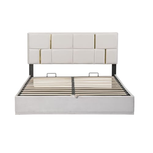 Queen Size Upholstered Bed Frame with Storage Ottoman, Hydraulic Storage Bed Frame with Headbaord and Storage Bench, 2-Piece Bedroom Furniture Set - Beige