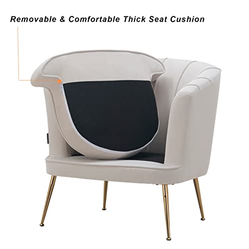 Modern Velvet Barrel Chair Accent Armchair with Golden Legs for Living Room Bedroom Home Office, Channel Tufted Back Club Chair, Beige White Cream