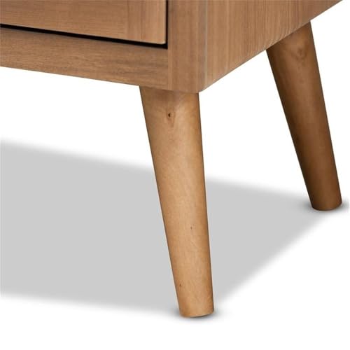 Mid-Century Wood/Rattan 2-Door Storage Cabinet, Oak Finish, 44.29" H x 31.5" W x 14.17" D, Adjustable Shelves, Angled Legs, Elegant Accent Chest for Living Room or Entryway