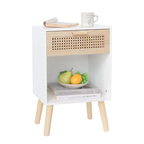White Rattan Nightstand, Modern Nightstand with Rattan Drawer, Modern Wooden Bedside Table with Solid Wood Legs for Bedroom, and Small Spaces (White)