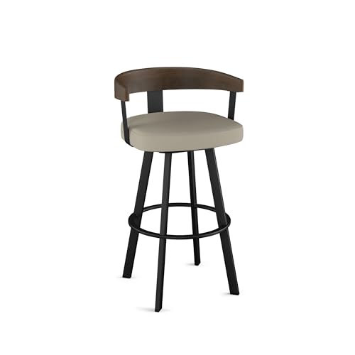 Lars 26" Swivel Counter Height Barstool, Upholstered Stool with Solid Wood Back and Arms for Kitchen Island or Bar, Drees Stool, Greige Faux Leather/Brown Wood/Black Metal