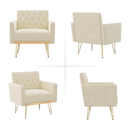 Accent Chair with Arm for Living Room, Velvet Modern Armchair Single Sofa Cozy Tufted Upholstered Reading Side Chairs with Gold Metal Leg for Bedroom Decorate