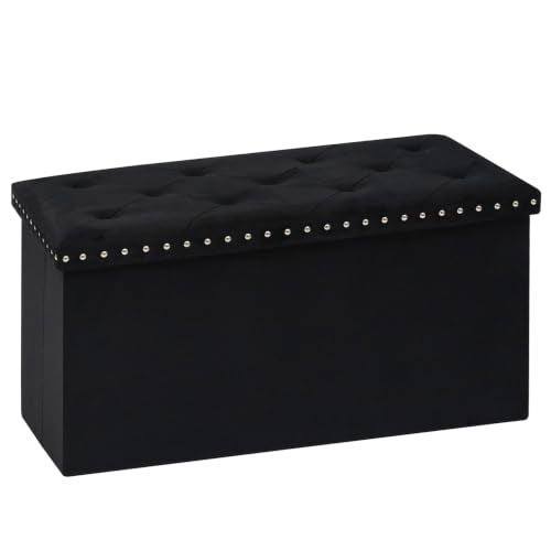 Velvet Storage Ottoman Bench with Foot Rest, Large Long Folding Shoes Stool, Sturdy Space-Saving Furniture for Bedroom Living Room, Black, 30"x15"x15"