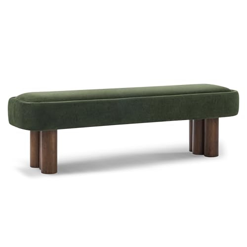 60.04" Green Upholstered Dining Bench with Walnut-Finished Rubberwood Legs – Fabric Seating Bench for Kitchen, Dining Room, Living Space, Supports 250 lbs
