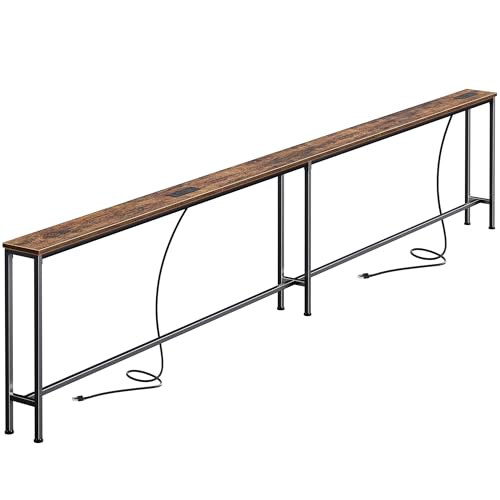 110.2 Inch Sofa Table with 2 Power Outlets and USB-C Port, 5.9 Inch Narrow Console Table with Storage, Extra-Long, for Entryway Hallway Couch Behind Sofa, Small Spaces, Rustic Brown