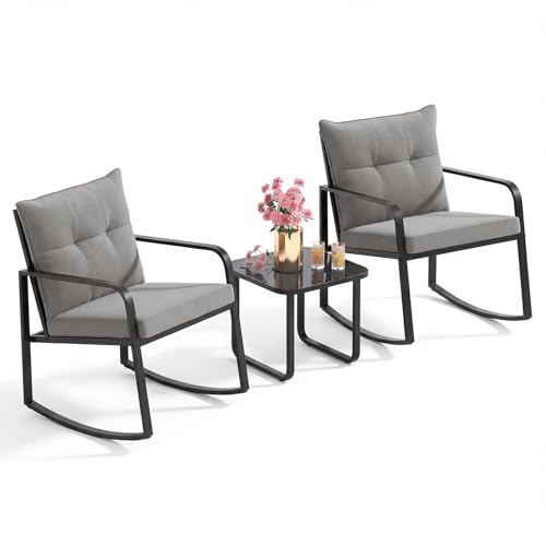 3 Piece Rocking Bistro Set, Black Steel Patio Furniture, Porch Chairs Conversation Set with Glass Coffee Table, Back Cushion, for Balcony, Garden, Deck, Backyard, Grey