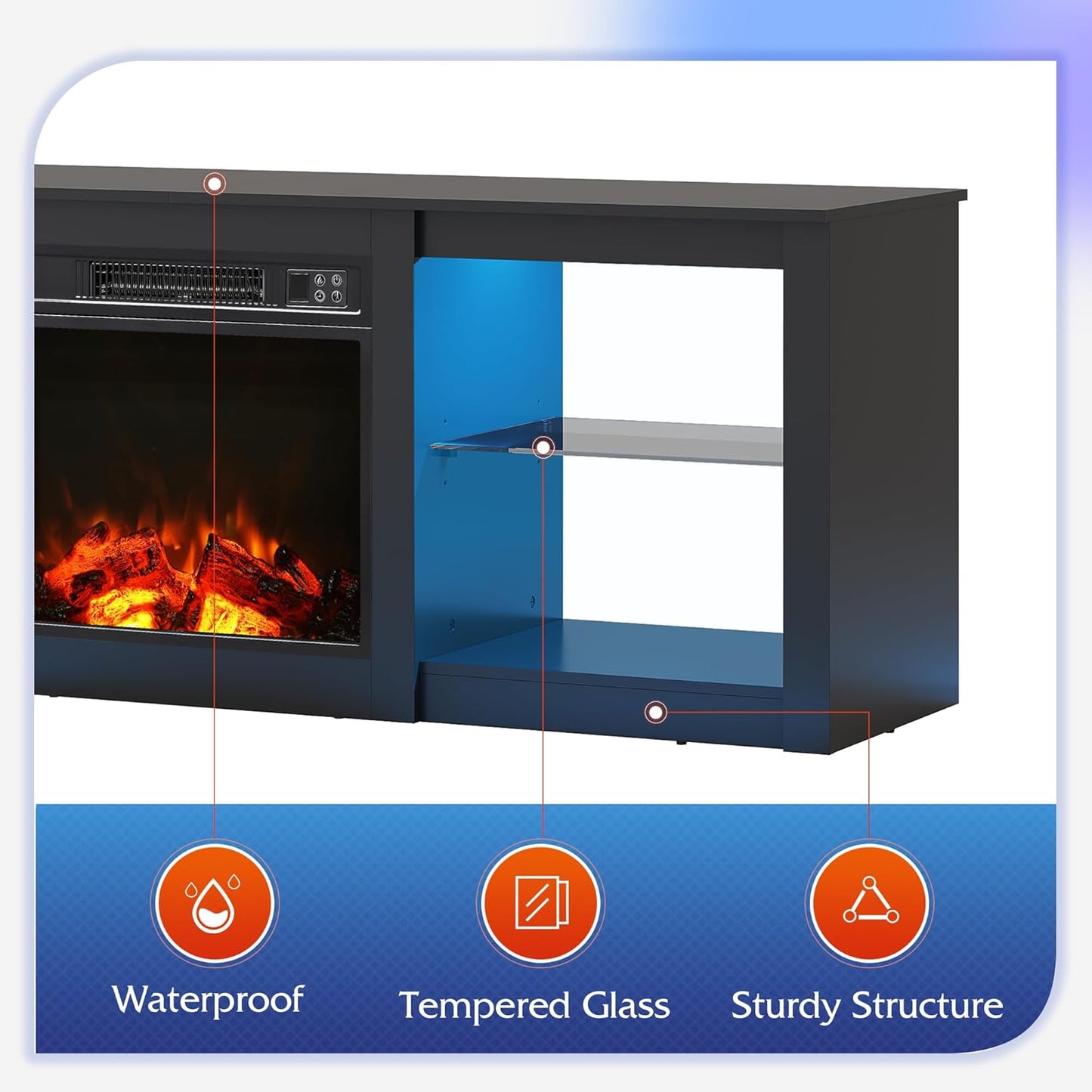 Fireplace TV Stand for up to 65 Inch Tvs, Modern LED Entertainment Center with Electric Fireplace Heater & Adjustable Glass Shelves, Sturdy Media Console for Living Room, Bedroom,Gaming (Black)