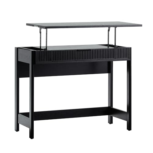 Transitional Style Furniture, Reeded Detail, Lift-Top Desk with Drawer and Storage Cubby, Sitting to Standing Desk, Soft Self-Close Desktop, 38 Inch, Black