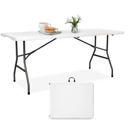 6FT Folding Table Plastic 6 Foot Foldable Table HDPE Portable Banquet Surface Fold-in-Half Desk Utility for Working Meeting,Parties, Picnic, Camping, Weddings, Catering, Garden Dining-White