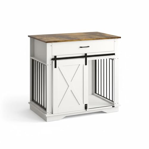 38" Farmhouse White Dog Crate Furniture with Sliding Barn Door, view 8