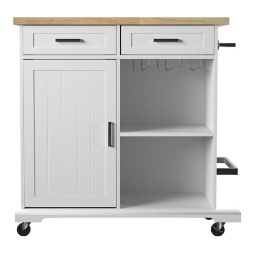 Warkin Rolling Kitchen Island with Storage - Transitional Design, White Glass and Wood - Ideal for Kitchen, Dining Room (KA1133961)