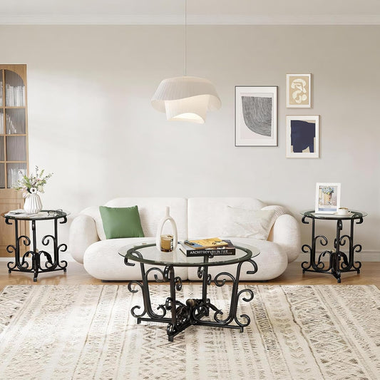 3-Piece Coffee Table Set, Retro Black Metal Frame with Tempered Glass, Includes 1 Coffee Table and 2 End Tables, Modern Living Room Furniture for Apartments and Small Spaces