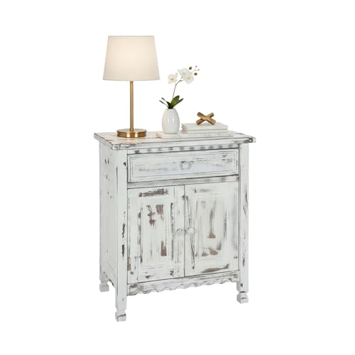 Country Cottage Accent Cabinet with Drawer, Adjustable Shelf & 2 Doors – Modern Farmhouse Sideboard Buffet Storage Cabinet for Living Room, Dining Room or Entryway (White Antique)