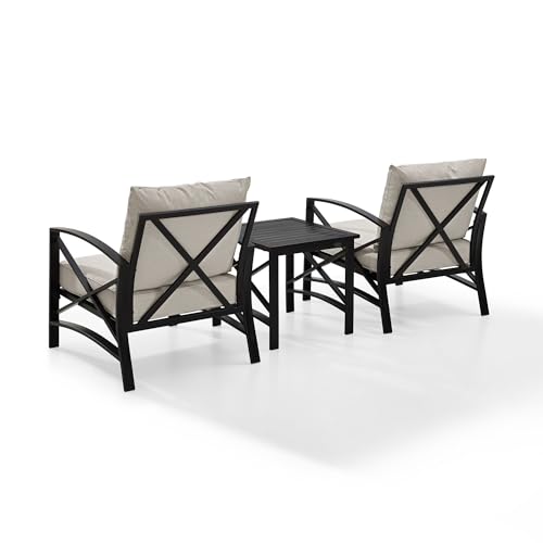 Crosley Furniture KO60016BZ-OL Kaplan Outdoor Metal 3-Piece Seating Set (2 Arm Chairs, Side Table), Oiled Bronze with Oatmeal Cushions