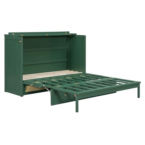 JIVOIT Queen Size Murphy Bed with Large Drawers, Solid Wood Murphy Bed Chest with Rattan Patterned Designs, Multi-Function Design for Guest Room Small Room