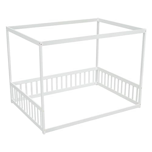 Full Size Canopy Bed Frame with 4 Posters and Guardrails for Kids, view 8
