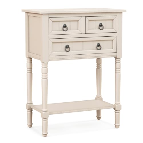 Entryway Table with Storage, Rustic Small Console Table w/ 3 Drawers & Open Bottom Shelf, Skinny Wood Console Table, Narrow Sofa Side Table for Living Room, Foyer, Hallway, Entry Table, Beige