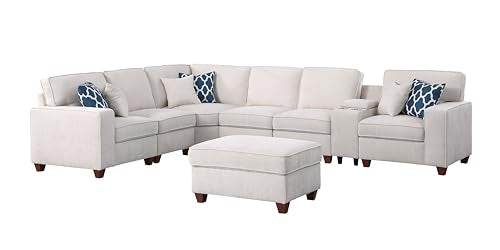 127" L-Shaped Sectional Couch with Movable Ottoman & 6 Throw Pillows,7 Seat Chenille Upholstered Sofa W/2 Cup Holder,USB Port & Hidden Storage Box,DIY Combination,for Living Room,Apartment,Beige
