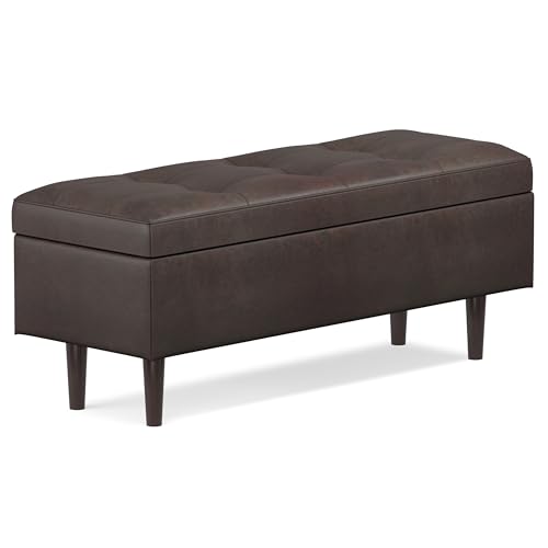 Shay 48 inch Wide Mid Century Modern Rectangular Storage Ottoman in Distressed Chestnut Brown Vegan Faux Leather, Assembled, For the Living Room, Entryway and Family Room