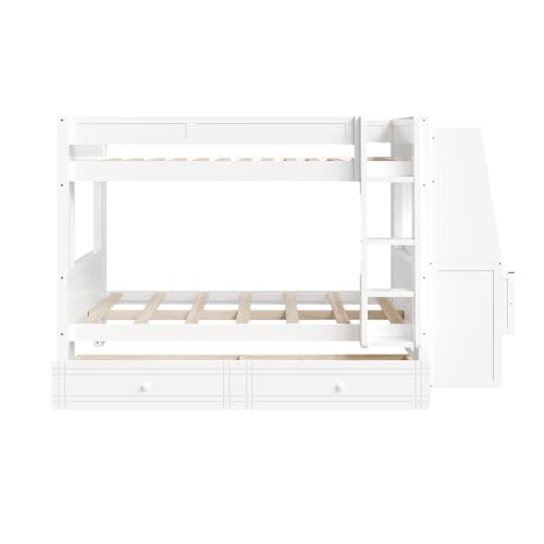 JIVOIT Full Size Bunk Bed, Multifunctional Wood Bunk Bed Frame with Desk and Bookshelves, Drawers, Space-Saving Design, Wooden Slats Support, No Box Spring Needed (White,Full-43)