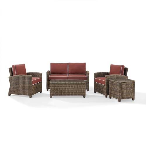 Crosley Furniture KO70050WB-SG Bradenton Outdoor Wicker 5-Piece Seating Set (Loveseat, 2 Arm Chairs, Side & Coffee Table), Weathered Brown with Sangria Cushions