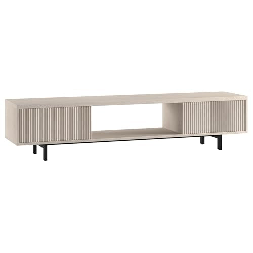 Fluted TV Stand for TVs up to 78" with 2 Ribbed Side Storage Cabinets and Open Center Storage for Living Room, Family Room, or Office, Beech White