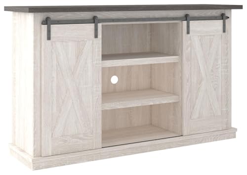 Signature Design by Ashley Dorrinson Farmhouse TV Stand Fits TVs up to 50" with Sliding Barn Doors and Storage Shelves, Whitewash & Gray