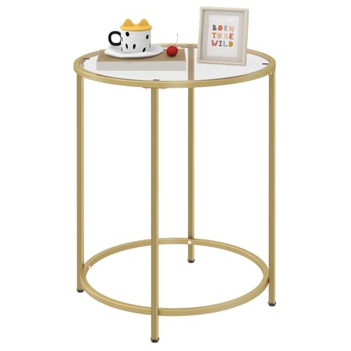 Round Side Table, Modern Style Coffee Table, Sofa Table, Table with Metal Shelves and Glass Top, End Table for Living Room, Bedroom, Balcony, Patio, (H) 25.59 inch× (D) 19.69 inch, Gold