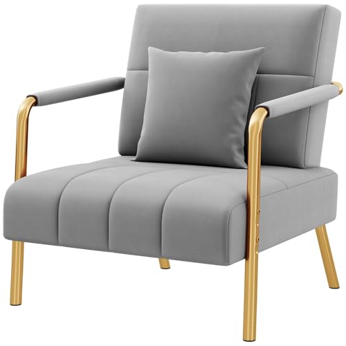 Yaheetech 30" W Accent Chair Velvet Oversized Armchair Living Room Chair with Golden Frame & Cozy Pillow for Living Room, Bedroom, Office Light Gray