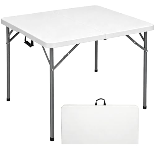 34" Square Folding Table, Fold-in-Half Utility Dining Portable Table Heavy Duty HDPE Plastic Foldable with Carrying Handle Indoor Outdoor for Picnic, Party