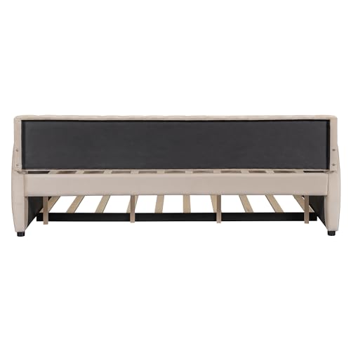 Full Size Daybed with Trundle, Upholstered Day Bed Frame Velvet Sofa Beds with Vertical Channel Tufted Headboard for Living Room, Bedroom, Beige