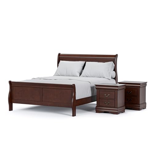 Louis Philippe Traditional Solid Wood 3 Piece Bedroom Set, Queen Bed Frame and Nightstands Set of 2, Sleigh Design Bedframe with Headboard and Footboard, Box Spring Needed, Cherry