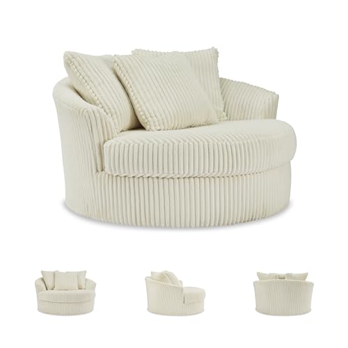 Signature Design by Ashley Lindyn 58-Inch Oversized Swivel Accent Chair, Ivory, Arrives Fully Assembled, Wide-Cord Polyester Velvet, Cozy Lounger for Living Room