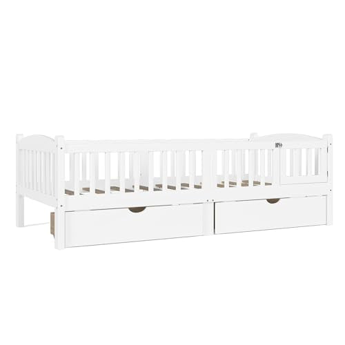 JIVOIT Twin XL Platform Bed with Full-Length Guardrails, Low Platform Bed with Two Drawers, Wood Slats Support, Cute & Childlike Headboard Design, No Box Spring Needed (White,Twin XL,6)