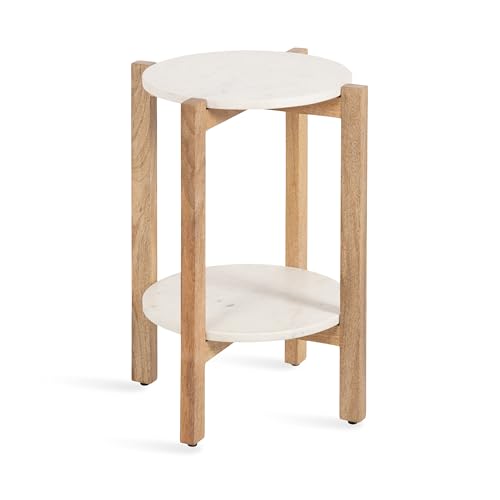 Moxley Transitional Round Side Table; 16 x 16 x 22; White Marble and Natural Wood; Tiered Pedestal Table with Authentic Marble Tabletops for Bedroom Nightstand or Indoor Plant Stand